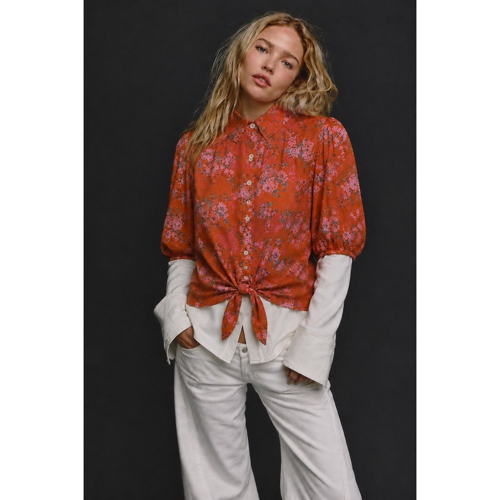 Free People Celia Floral Tie Front Button Blouse Burnt Orange Pink XS NWT